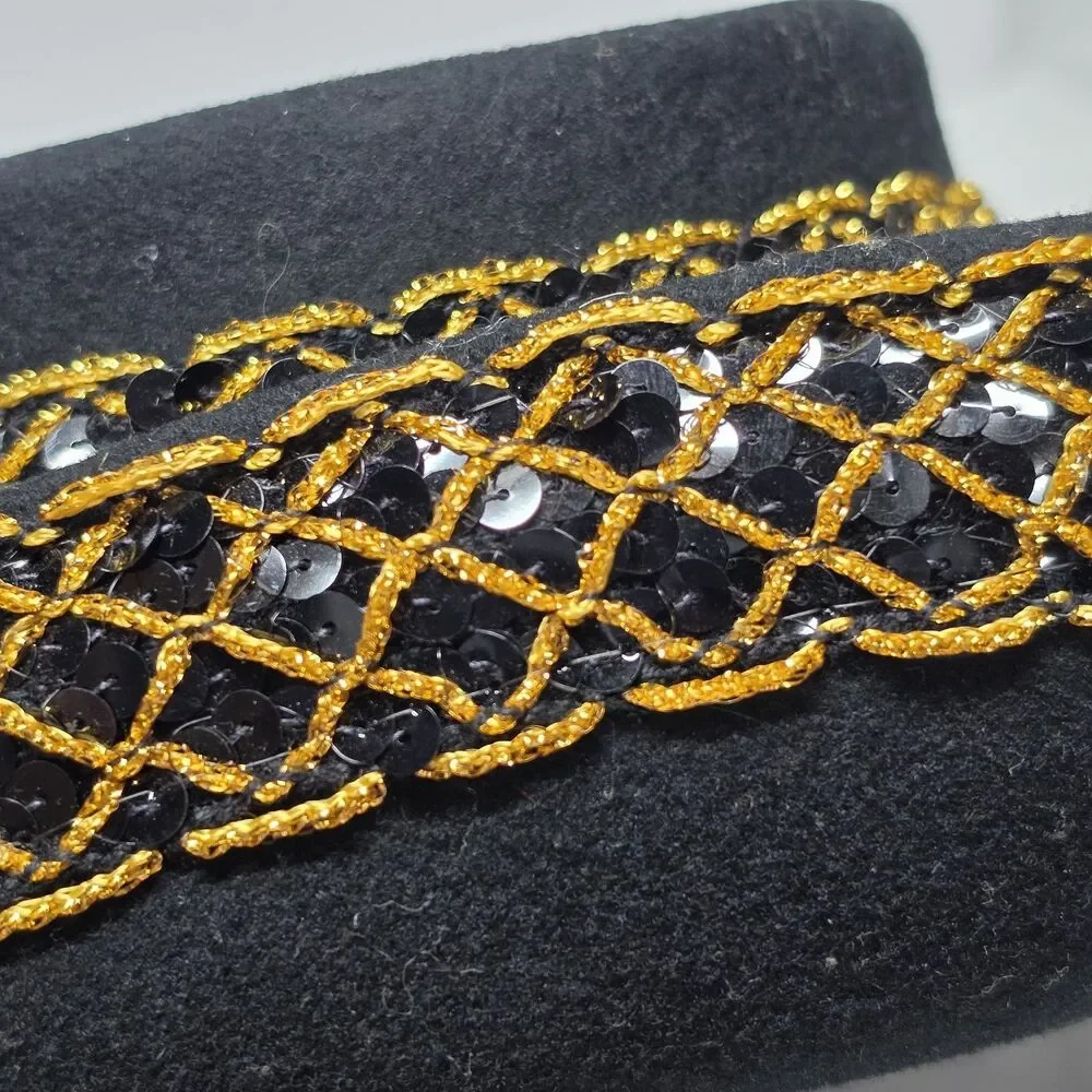 Vintage Doeskin Bollman Bolero Hat Black Wool Felt Sequins And Gold Accent USA